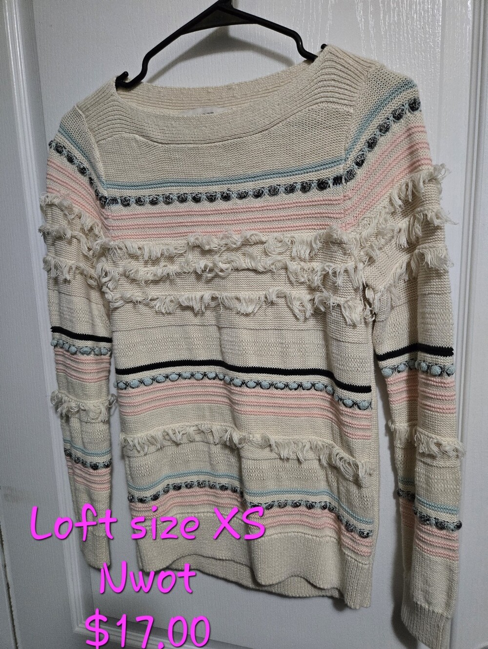 LOFT Cream Fringe Knit Sweater with Pink & Blue Stripes